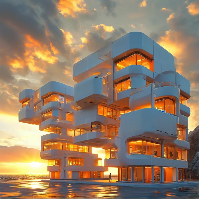 Curved white building with warm lit windows stands on reflective surface under golden sunset sky with scattered clouds.