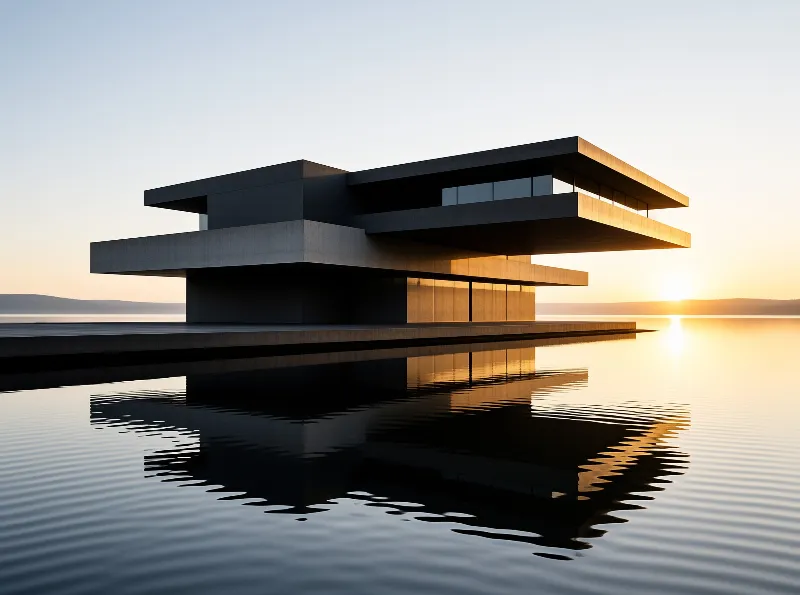 Geometric concrete structure extends into a calm lake during sunset casting shadows and warm light onto the water reflection.
