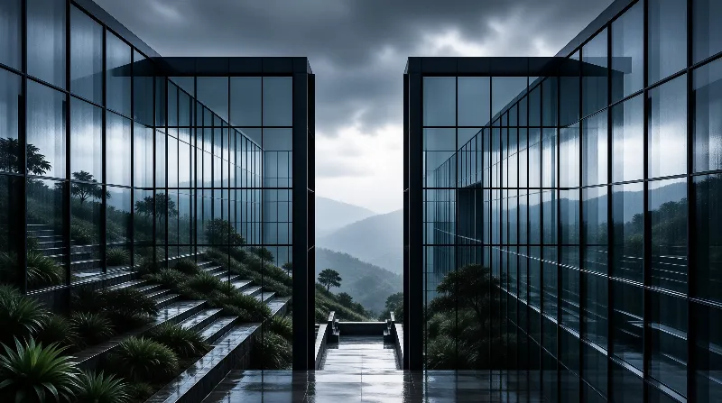 Wet glass walls flank a staircase leading to foggy blue hills under a cloudy sky.