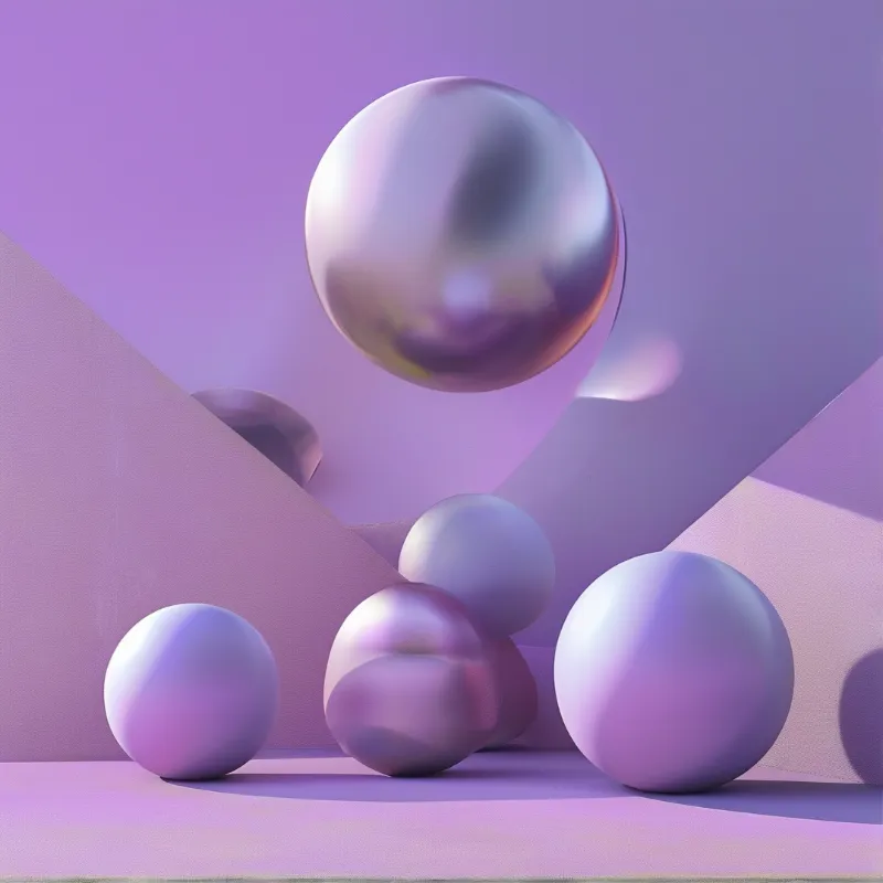 A shiny sphere hovers above matte purple orbs and angular planes in a soft lit abstract space.