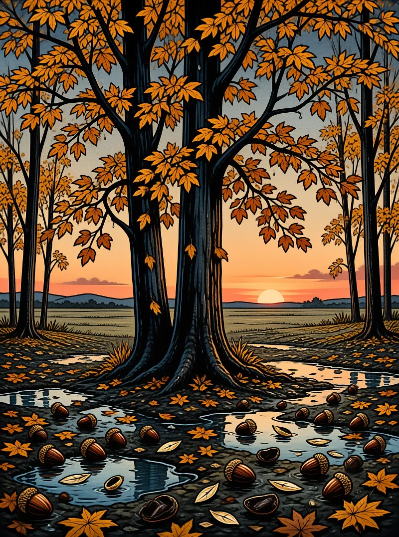 Stylized autumn oaks with amber leaves stand over a field as a low sun sets behind distant hills