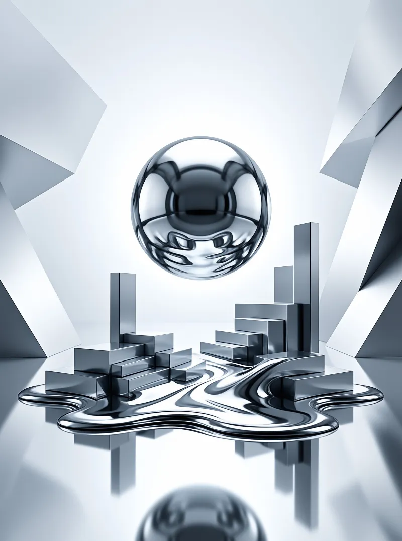 A chrome sphere floats above silver geometric structures on a liquid metal surface inside a bright white room.