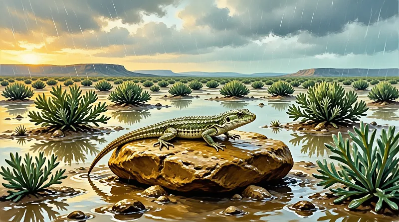 A green lizard rests on a wet rock surrounded by shallow water, bushes, and rain under a cloudy sky with a golden horizon.