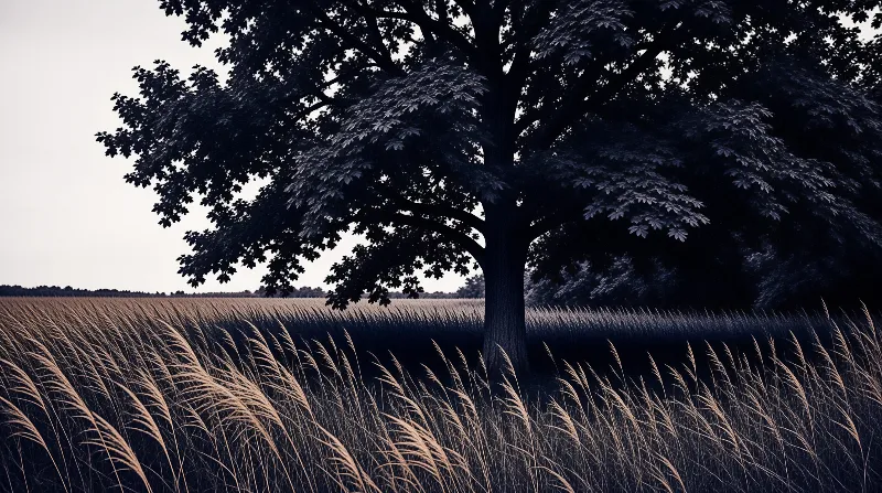 A dark, leafy oak tree stands prominently in a field of tall, sweeping grass under a pale, overcast sky.