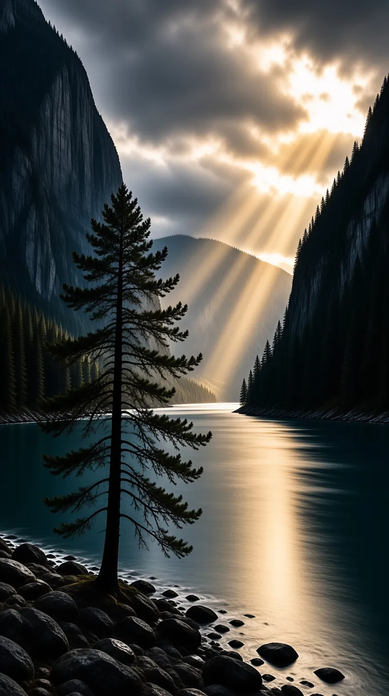 A tall pine tree stands on a rocky shore while golden sunbeams break through clouds over the calm blue water.