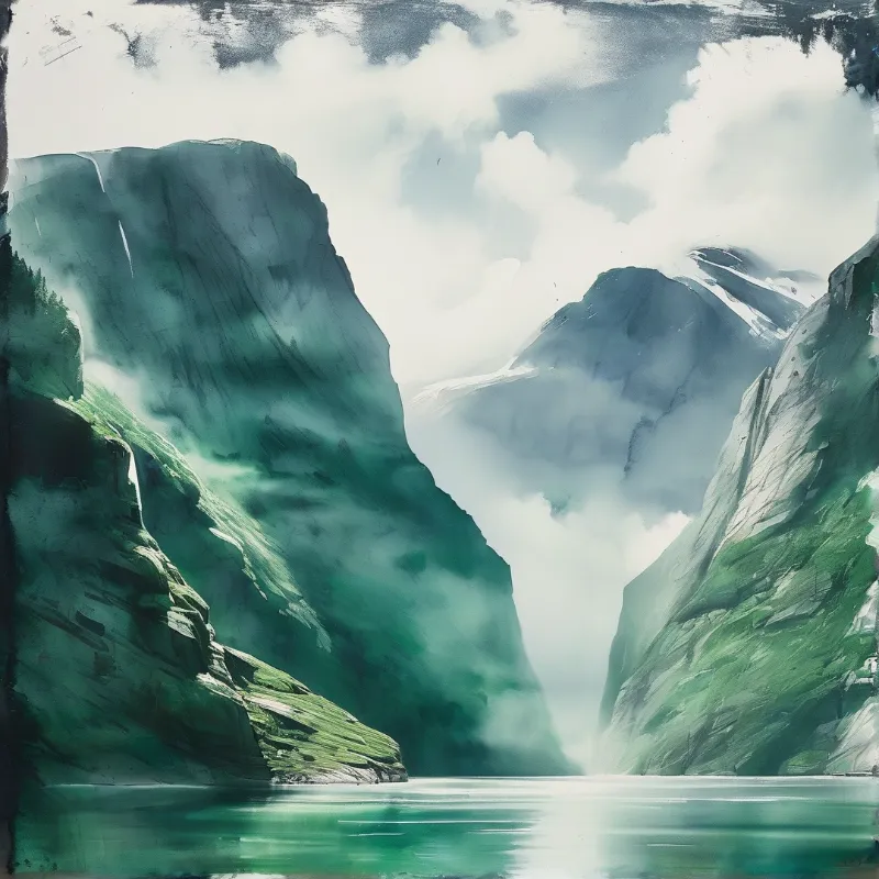 Steep green cliffs surround a calm lake shrouded in white mist with soft light filtering through the clouds.