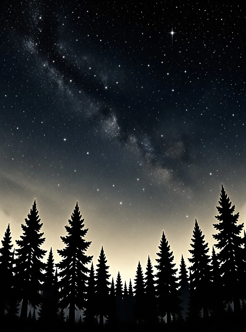 Silhouetted pine trees frame a vast starry sky where the Milky Way stretches above a warm horizon glow.