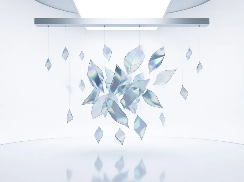 A cluster of iridescent glass shapes hangs from a silver bar against a plain white setting with soft reflections.