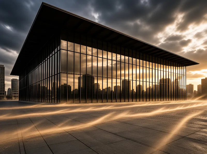 A modern glass building stands on an empty paved plaza mirroring a distant urban skyline against a cloudy sky at dusk.