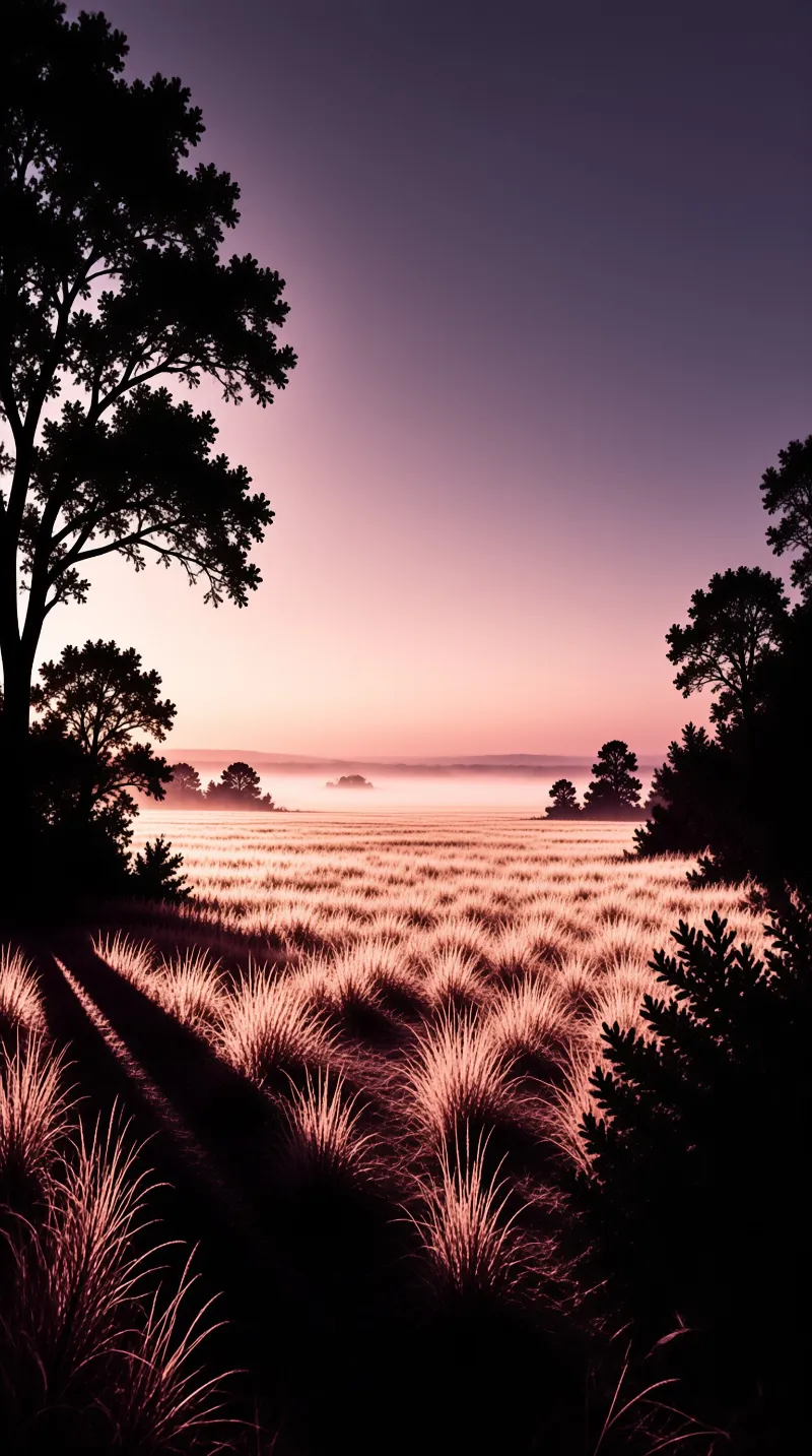 Tall grasses stretch across a field beneath a gradient purple sky while dark trees cast long shadows.