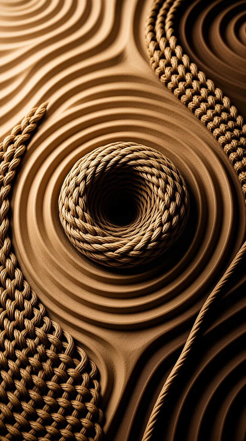 A woven fiber coil rests amidst undulating brown landscape features under soft directional lighting.