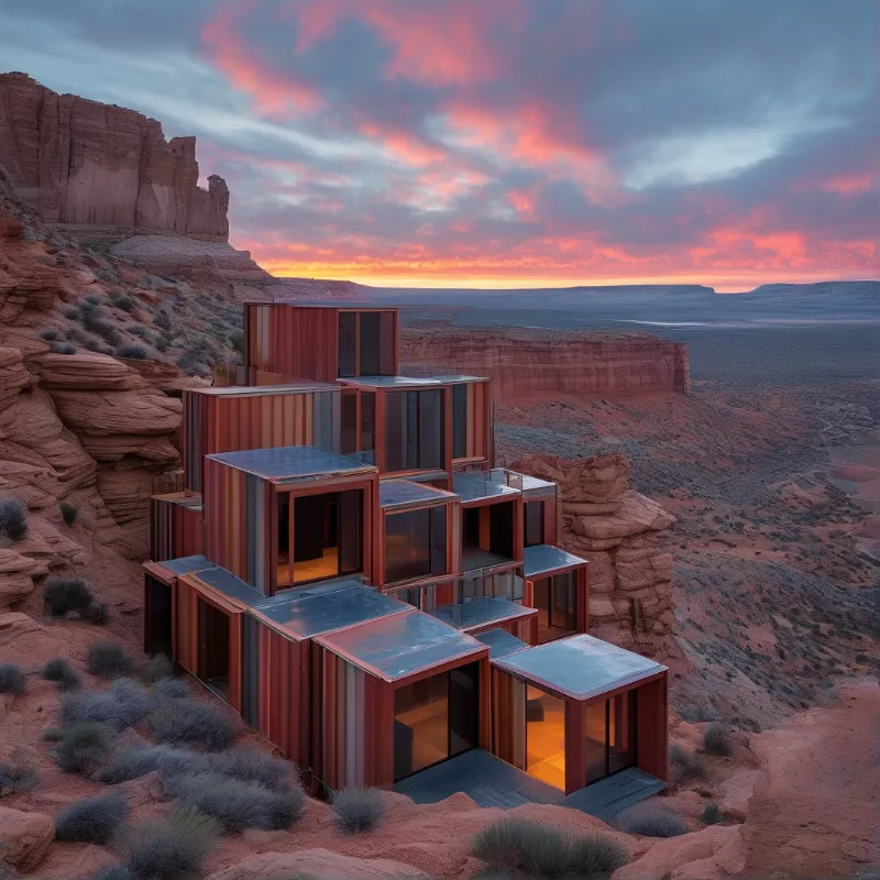 Stacked rectangular modules form a residence on a rocky slope overlooking a vast canyon under a pink sky.