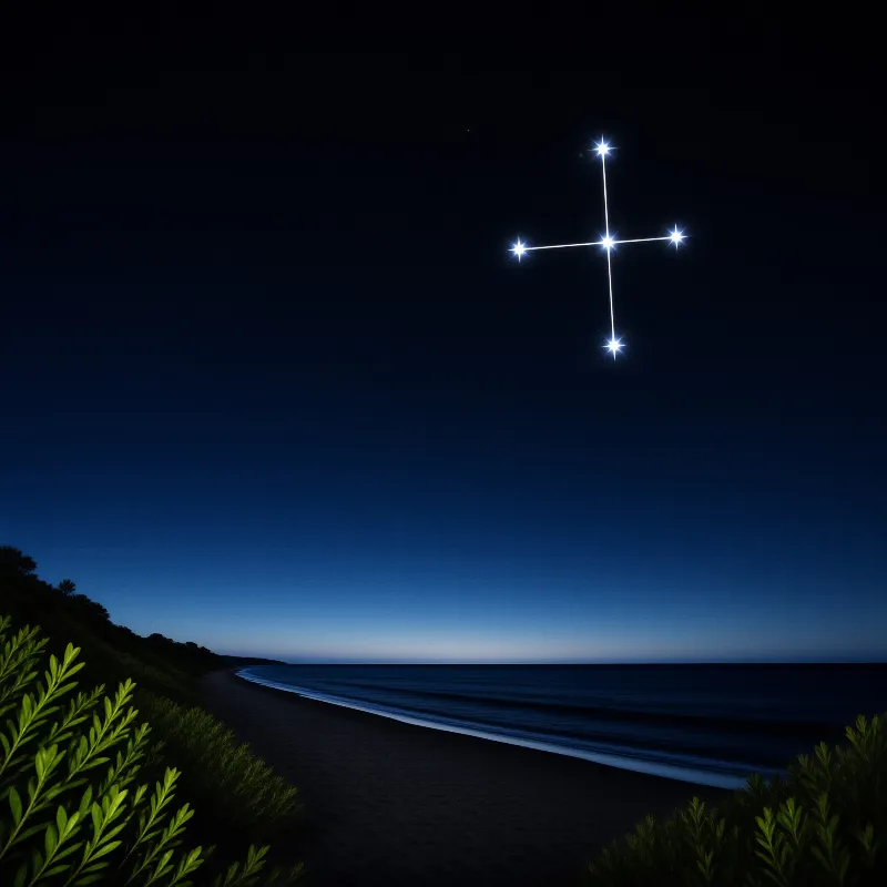 A cross-shaped constellation glows above a dark ocean beach under a deep blue night sky.