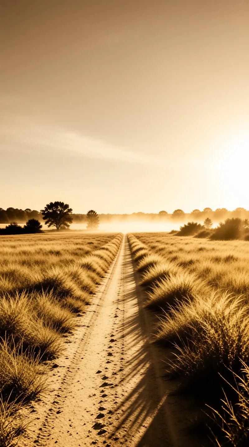 A winding dirt path travels through tall grass toward distant trees bathed in warm orange sunlight.