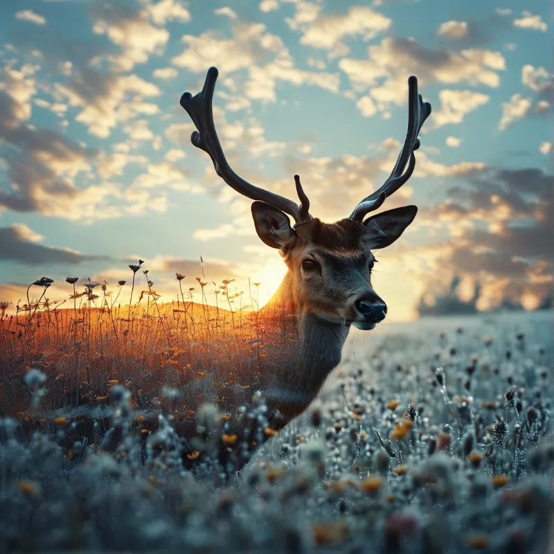 A male deer with large antlers stands in a field of wildflowers while the sun sets behind it creating a warm glow.