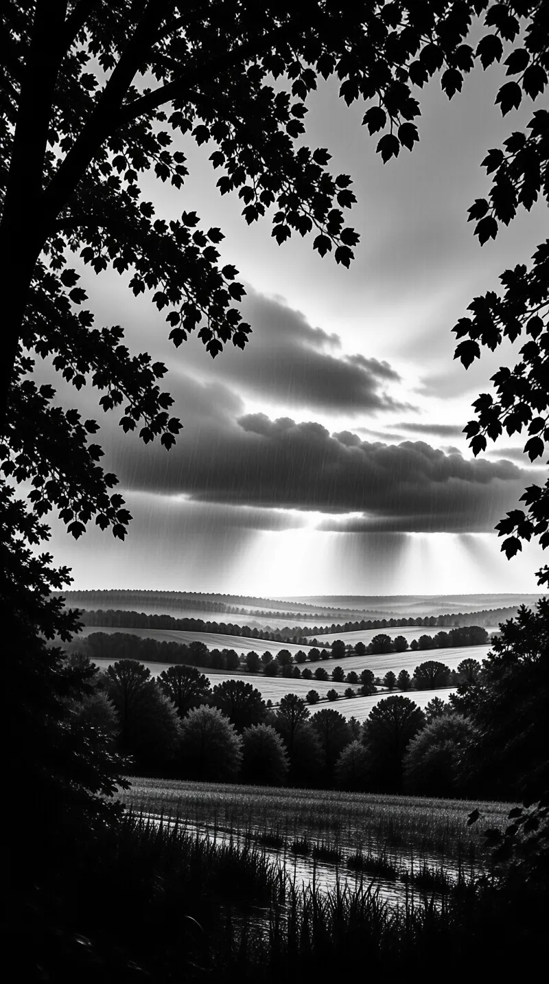 Monochrome shot of sunbeams breaking through storm clouds over layered forested hills, framed by dark tree foliage