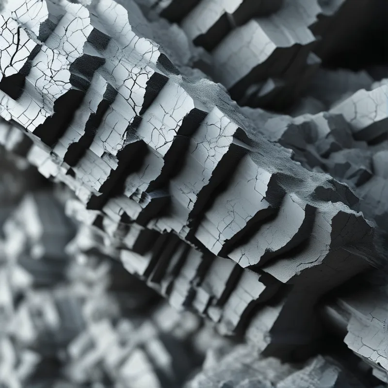 Rows of black fins wear a crazed white coating, photographed close with a shallow focus that melts the background.