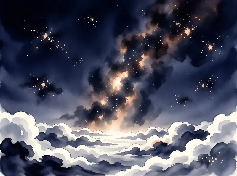 A glowing orange nebula with scattered stars floats above layered blue and white traditional ink wash clouds.