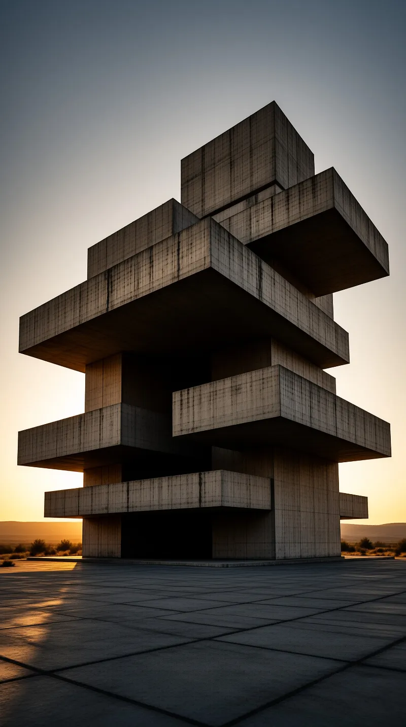 Stacked raw concrete blocks form a tall brutalist tower standing on a paved plaza under a warm sunset sky.