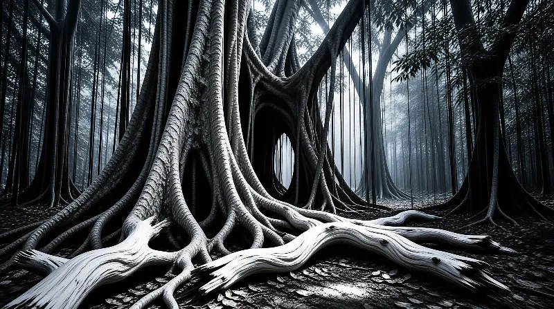 Pale braided trunks and sprawling aerial roots twist through a dark grove rendered in cold silver grey tones