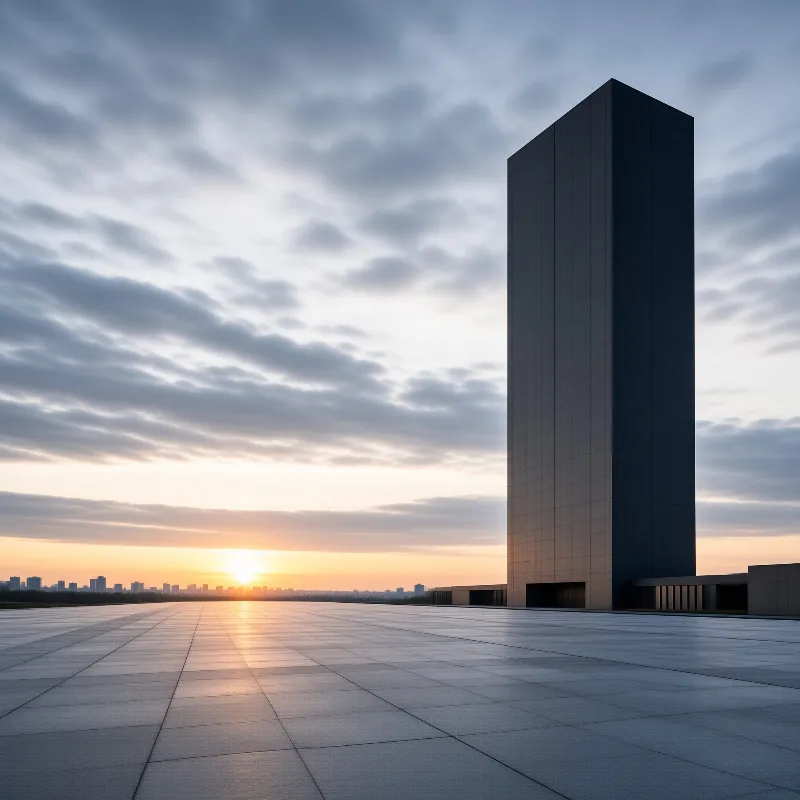 A slender black clad tower stands at the edge of a tiled square, its base lit by a low sun under rippling cloud.