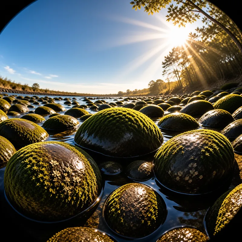 Large moss covered round objects float in a calm river while bright sunlight streams through trees in the background.