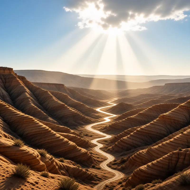 Sunlight bursts through a broken cloud over eroded desert ridges, while a dry channel snakes between the ribbed slopes.