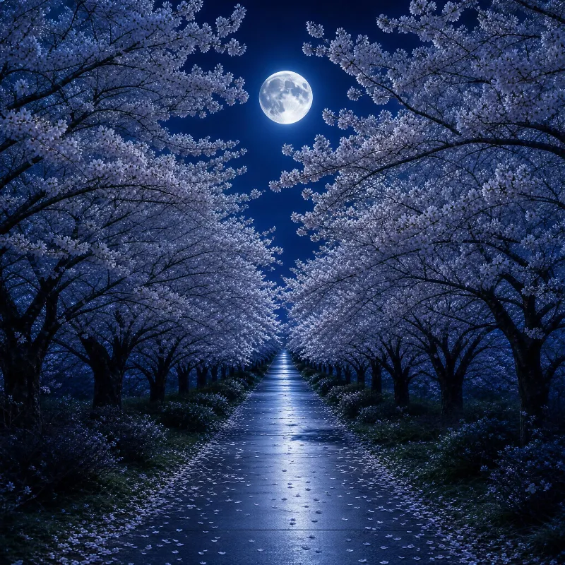 Night Cherry Blossom Path Under Full Moon
