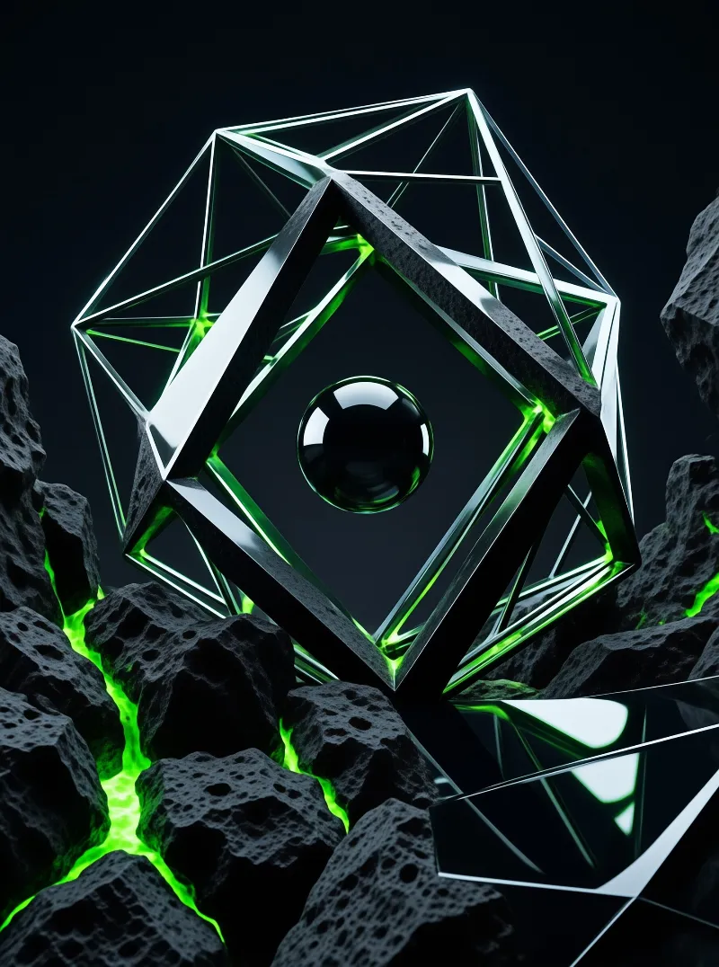 A complex metallic geometric structure with a black sphere floats above dark porous rocks emitting bright green light.
