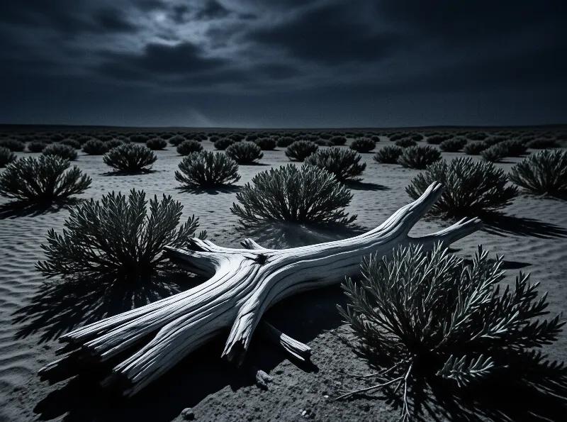 A large bleached piece of wood rests among low scrub bushes on a sandy plain under a heavy clouded sky.