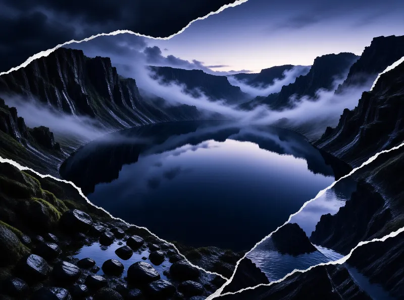 A still volcanic crater lake mirrors steep dark cliffs and low clouds, its edges framed by a torn-paper collage effect.