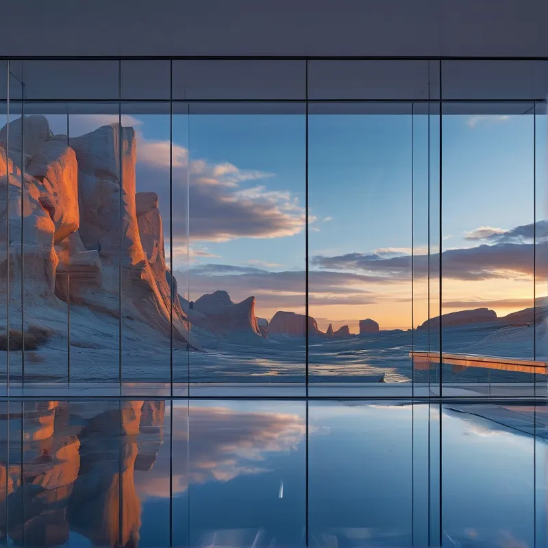 A serene desert landscape with dramatic rock formations and a colorful sky reflected in a grid of glass windows