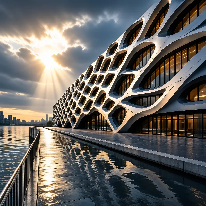 Sculpted white ribs frame glowing amber glazing along a waterfront walkway as sunbeams burst through cloud.