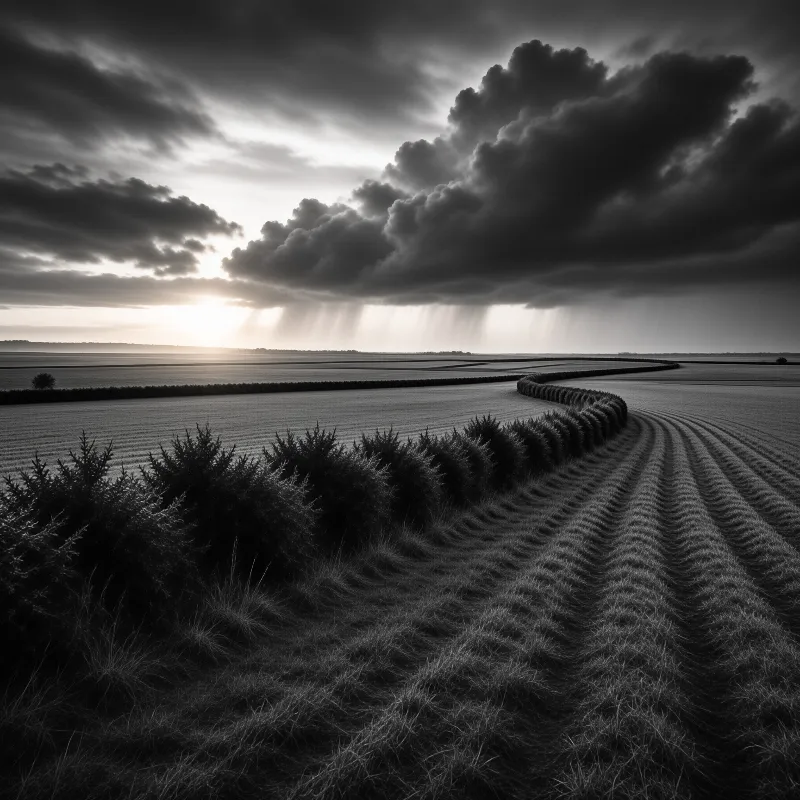 A long dark hedge curves through agricultural fields beneath a dramatic sky with sun rays breaking through clouds.