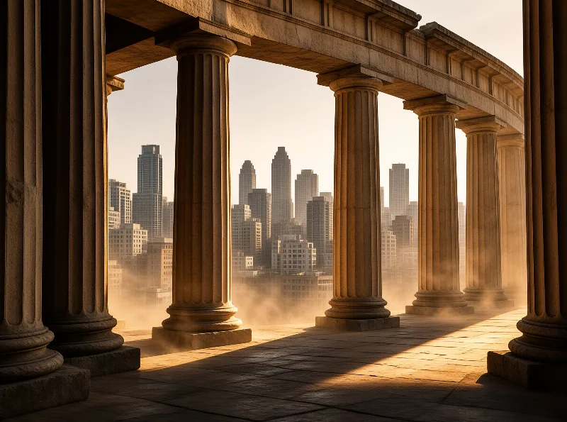 An ancient stone colonnade overlooks a distant modern skyscraper city shrouded in warm hazy sunlight