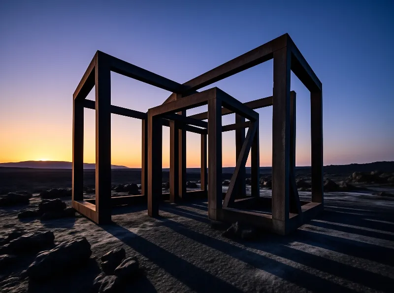 A large skeletal metal framework stands on flat rocky terrain as the sun sets over distant hills casting long shadows.