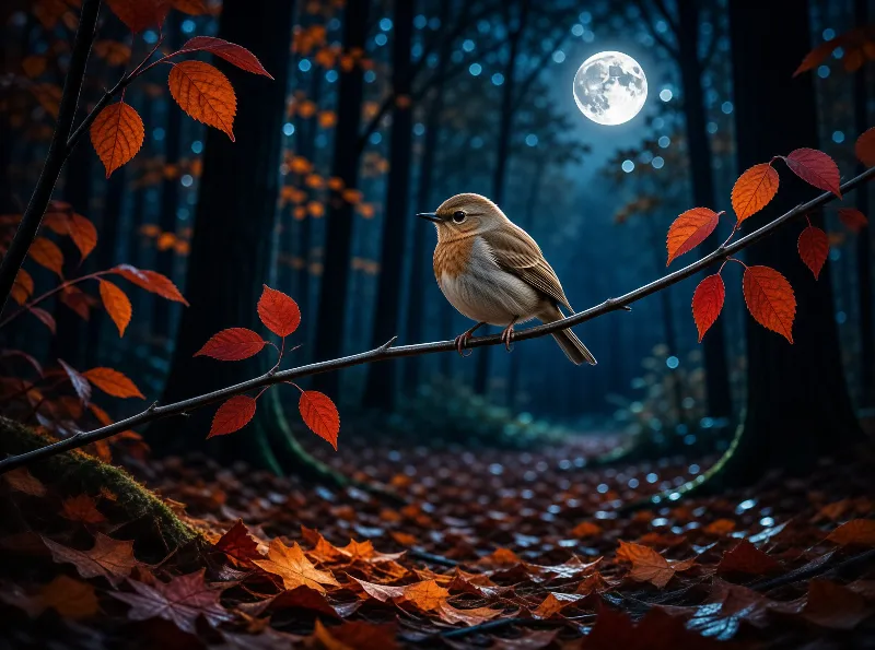 A small brown songbird rests on a twig hung with red leaves while the full moon glows over a dark autumn forest.