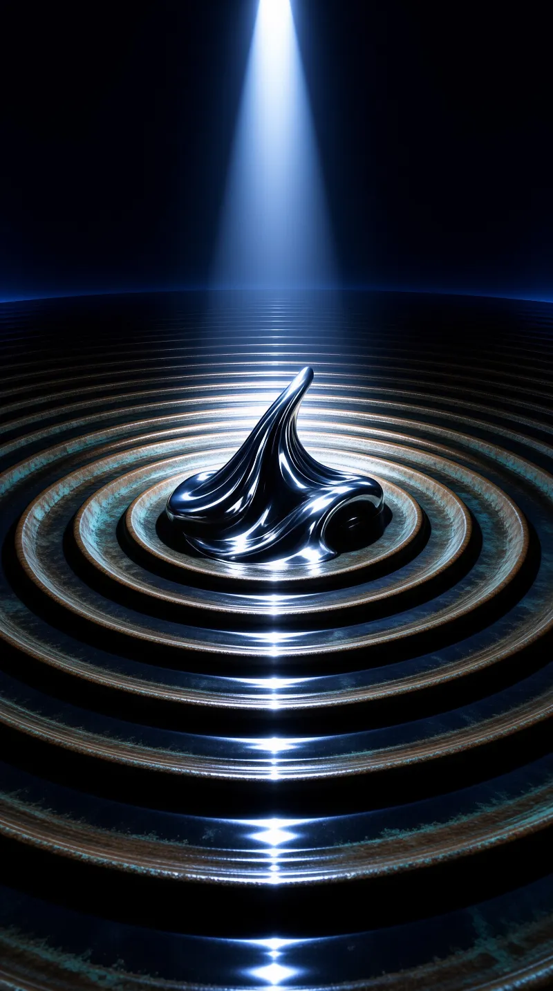 A shiny silver liquid shape rests on dark concentric rings under a focused beam of light.
