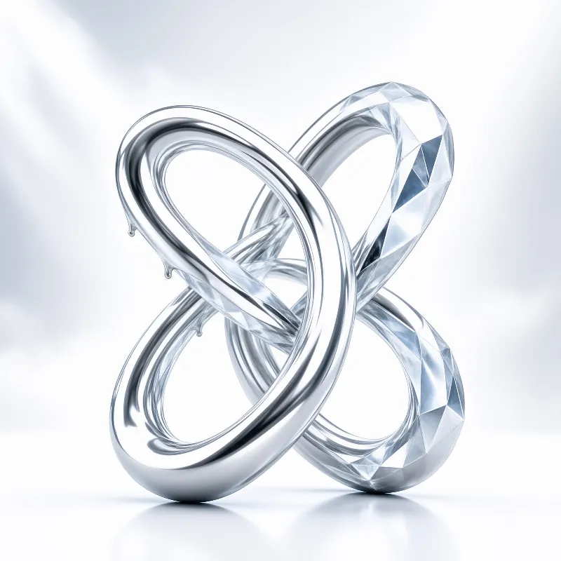 Two interlocking rings featuring one smooth chrome surface and one faceted crystal texture against a white seamless plane