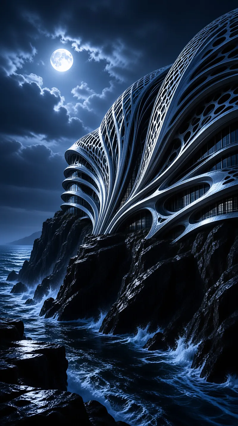 A futuristic white structure with sweeping perforated curves rises over dark sea cliffs beneath a bright full moon.