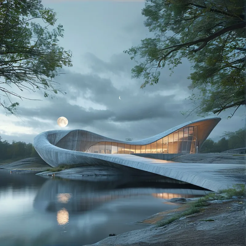 A sleek undulating concrete structure sits next to a still lake as full and crescent moons hang in the cloudy twilight sky.