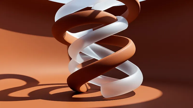 Two intertwined brown and white spiral forms cast distinct shadows on a smooth orange surface under bright lighting.