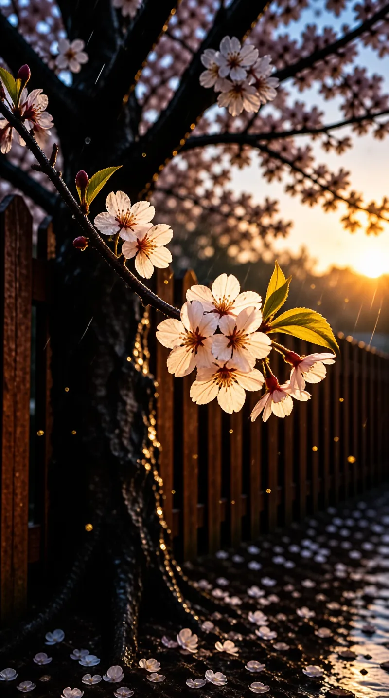 Delicate white petals hang from a dark branch above a wooden fence while setting sun casts a warm glow across water.