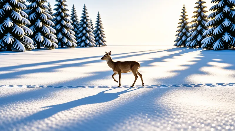 A brown spotted deer walks across a snow covered field bordered by pine trees casting long shadows in the sunlight.