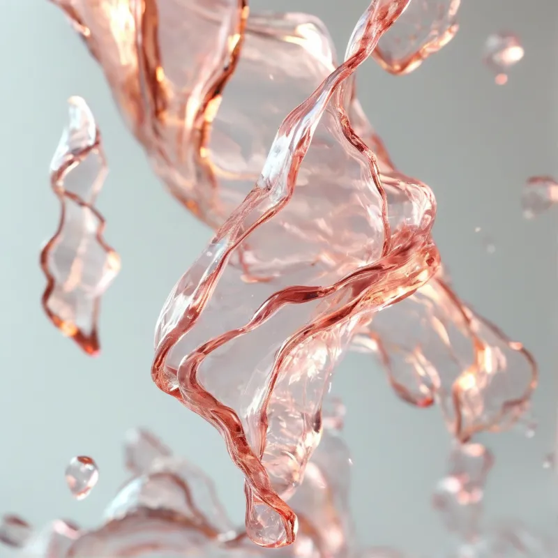 A translucent pink liquid forms a twisting ribbon shape suspended against a pale grey background with bright highlights.