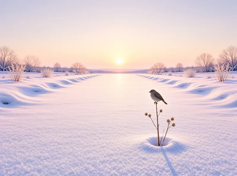 A small bird sits on a dry stem while the sun rises over a snowy field with frost covered trees in the distance.