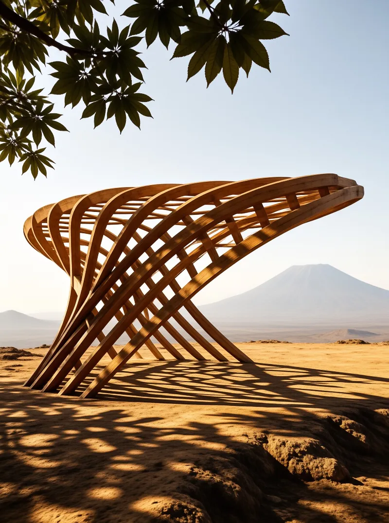 Curved wooden ribs form an open canopy on sunlit sand, casting a striped grid shadow toward a distant volcano.