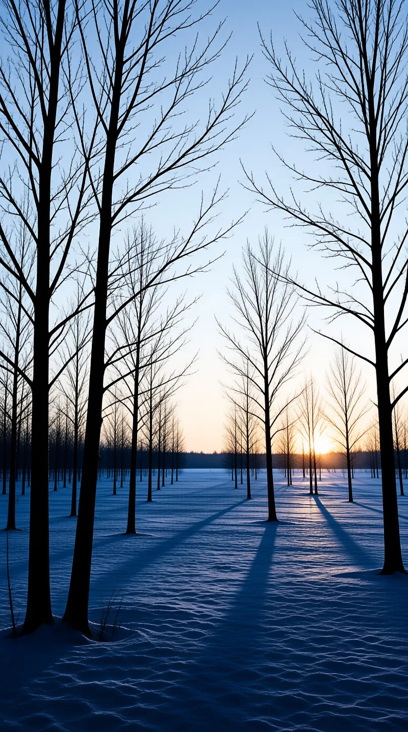 Rows of dark trees stand across a white snowy field while the sun sets near the horizon casting long shadows.