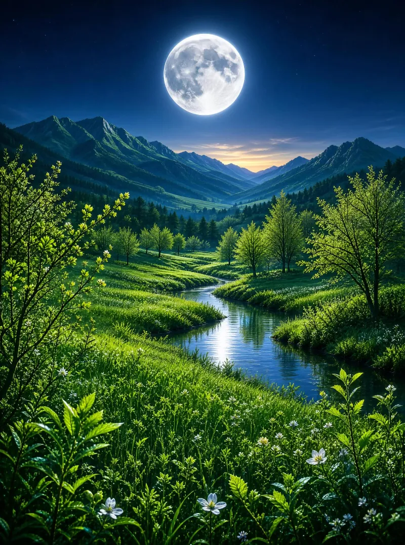 Moonlit Valley with River and Mountains
