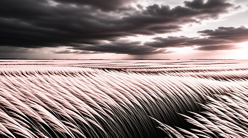 Rows of wheat stretch across a vast field glowing with pink light while dark storm clouds loom on the horizon.